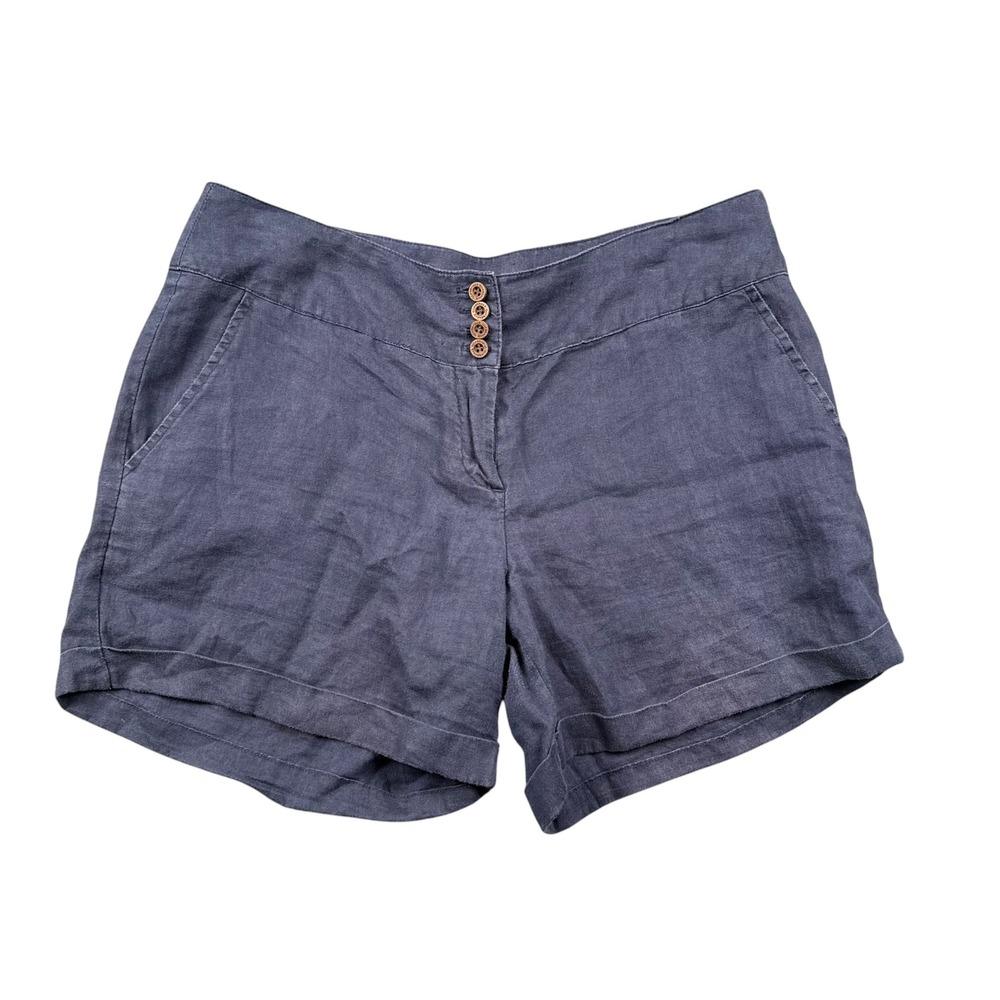 Quebramar Womens Navy Blue Linen Shorts Size L Button Fly Coastal Casual 848